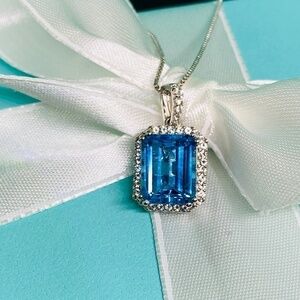 Large blue topaz & sapphire necklace 925 silver 18” stunning